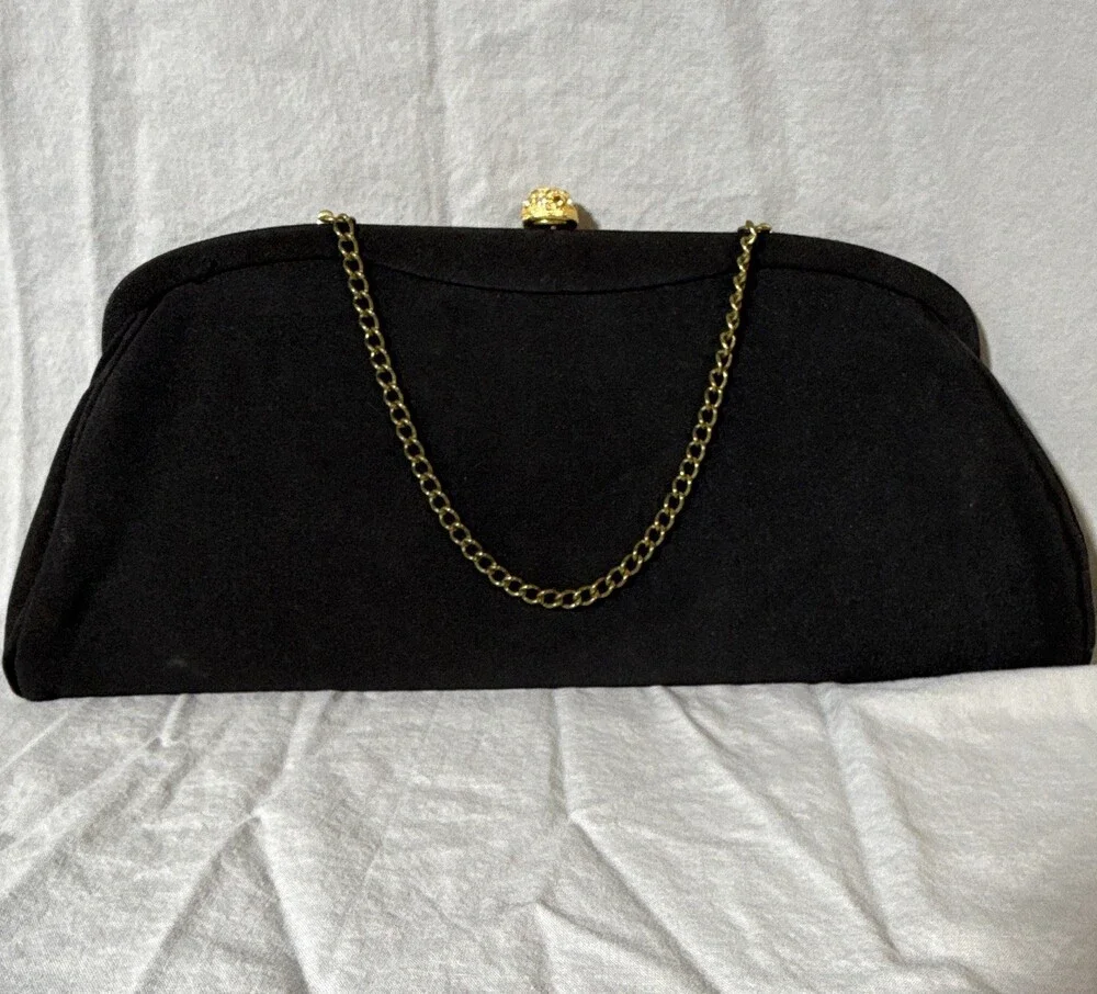 Admiral, Black Clutch Evening Bag, Gold Chain Strap Rhinestone Clasp